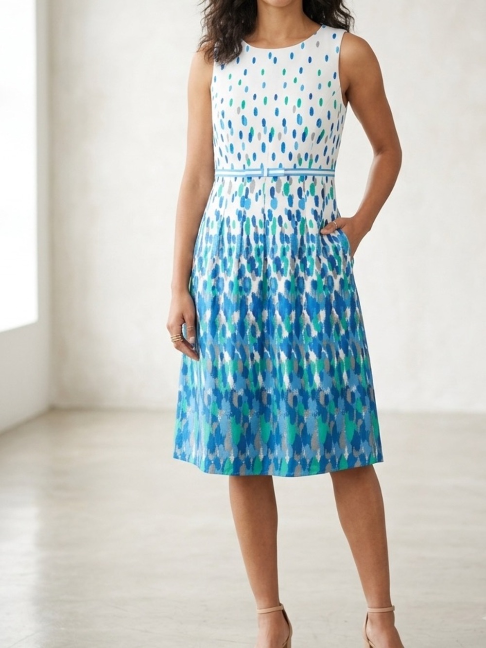 Perfection Blue, Teal & White Sleeveless Printed A-Line Dress